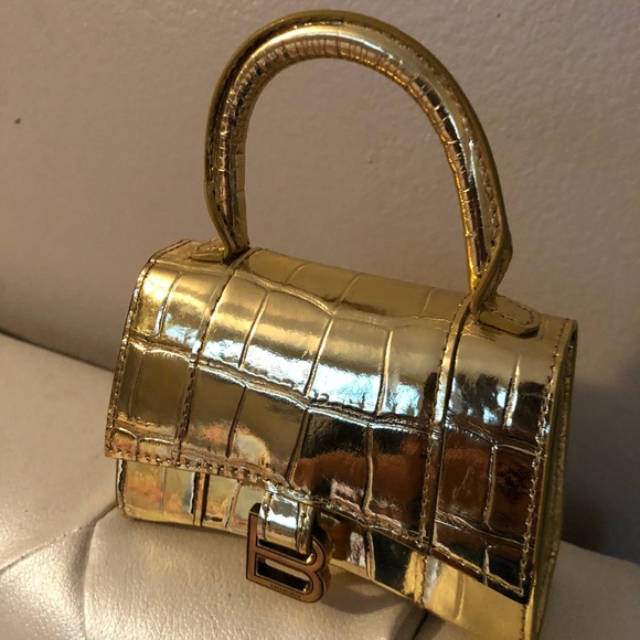 Balenciaga Hourglass Mini Metallized Crocodile Embossed Gold Leather Tote - Picture 1 of 3